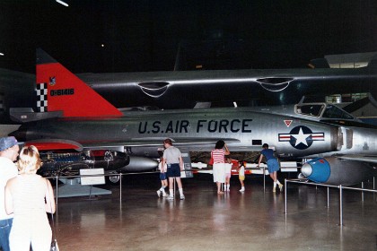 Convair F-102A Delta Dagger. The primary mission of the F-102 was to intercept and destroy enemy aircraft. It was the world's first supersonic all-weather jet interceptor and the USAF's first operational delta-wing aircraft. The F-102 made its initial flight on Oct. 24, 1953, and became operational with the Air Defense Command in 1956. At the peak of deployment in the late 1950s, F-102s equipped more than 25 ADC squadrons. Convair built 1,000 F-102s, 889 of which were F-102As. The USAF also bought 111 TF-102As as combat trainers with side-by-side seating. TECHNICAL NOTES: Armament: 24 unguided 2.75-in. rockets and six guided missiles Engine: One Pratt & Whitney J57 of 16,000 lbs. thrust with afterburner Maximum speed: 810 mph Cruising speed: 600 mph Range: 1,000 miles Ceiling: 55,000 ft. Span: 38 ft. 1 in. Length: 68 ft. 4 in. (including boom) Height: 21 ft. 2 in. Weight: 31,559 lbs. maximum Serial number: 56-1416