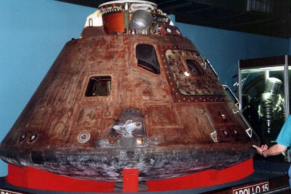 Apollo 15 Command Module, Endeavour.  Apollo 15 was the fourth successful moon landing mission and the only Apollo mission with an all-U.S. Air Force crew. Col. David R. Scott, Lt. Col. James B. Irwin, and Maj. Alfred M. Worden flew this spacecraft, named Endeavour, to the moon in July 1971. The command module is named after the ship that carried Capt. James Cook on his famous 18th century scientific voyage.  Apollo 15 focused mainly on lunar science, and was the first mission to use a lunar rover vehicle. The crew spent four days traveling to the moon, then Scott and Irwin landed the lunar module Falcon on the moon’s surface. They spent 67 hours exploring and setting up scientific experiments. Worden remained in orbit aboard Endeavour conducting experiments and photographing the moon. Just over 12 days after launch, the crew returned safely, splashing down in the Pacific Ocean near Hawaii. TECHNICAL NOTES: Crew: Three Weight: 12,831 lbs. at launch Interior: 210 cubic feet (about the size of a minivan)