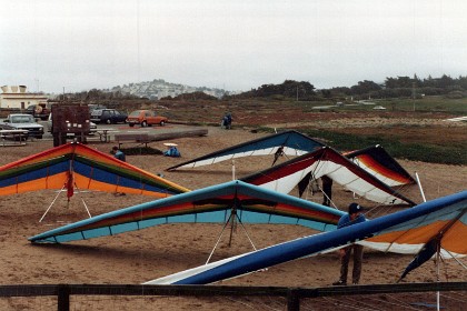 These hang-gliders are off the coast about 10 miles south of the city.