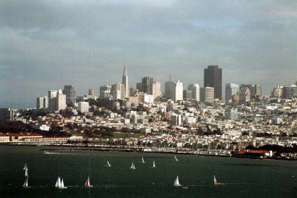 Downtown San Francisco. The Transamerica building is the pointed one. It was the tallest building in San Francisco from its completion in 1972 until 2018.