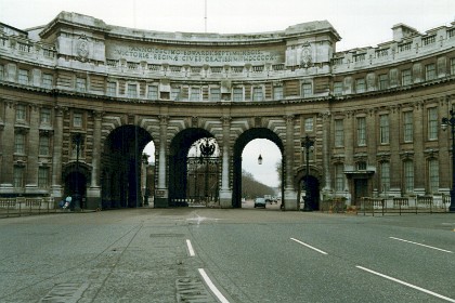 Admiralty Arch at the entrance to The Mall. St James' Park is through the arch on the left side of The Mall.