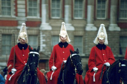 The Queen's Life Guard is the mounted guard at the entrance to Horse Guards.  Horse Guards is the official main entrance to both St Jamess's Palace and Buckingham Palace (a tradition that stems from the time when the Mall was closed at both ends);