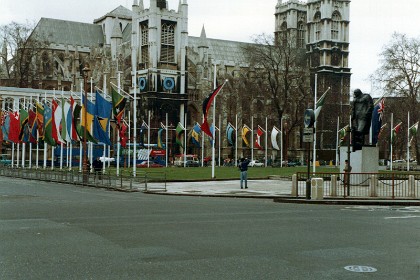 I stand in Parliament Square and look at St Margaret's Church. Westminster Abbey is behind St Margaret's. That's a statue of Winston Churchill in front of the Australian Flag.