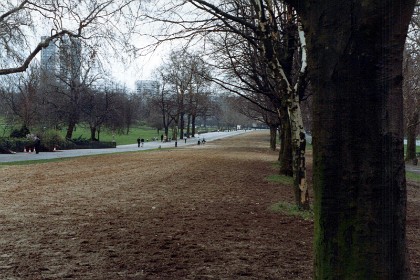 Rotten Row in Hyde Park, popular for horse riding with the gentry. Rotten Row was established by William III at the end of the 17th century. Having moved court to Kensington Palace, William wanted a safer way to travel to St. James's Palace. He created the broad avenue through Hyde Park, lit with 300 oil lamps in 1690– the first artificially lit highway in Britain. The lighting was a precaution against highwaymen, who lurked in Hyde Park at the time. The track was called Route du Roi, French for King's Road, which was eventually corrupted into "Rotten Row".