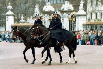 Mounted Police control the crowds.