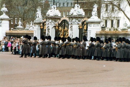 Changing of the guards takes place every morning at 11:00.  Following a march by a detachment of the Old Guard, with musical support, from St. James's Palace and the New Guard led by a Regimental Band from Wellington Barracks the ceremony on the forecourt of Buckingham Palace lasts for approximately 45 minute.