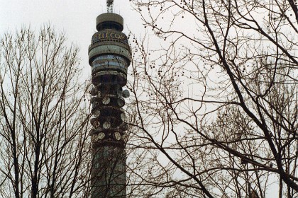 The famous Telecom (now BT) Tower.  The BT Tower is a grade II listed communications tower located in Fitzrovia, London. It has been previously known as the GPO Tower, the Post Office Tower, and the British Telecom Tower. The main structure is 177 metres with a further section of aerial rigging bringing the total height to 189 metres. Upon completion in 1964, it overtook the Millbank Tower to become the tallest structure in London until 1980, when it in turn was overtaken by the NatWest Tower.