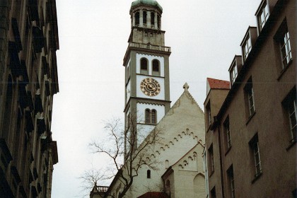 The 70-metre-tall Perlachturm is a belltower in front of the church of St. Peter am Perlach in the central district of Augsburg. It originated as a watchtower in the 10th century. The existing Renaissance structure was built in the 1610s by Elias Holl, who also designed the neighbouring Town Hall.