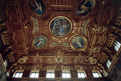 Augsburg Town Hall, the ceiling restoration has recently been completed. During the devastating British bombing of Augsburg in World War II, the Rathaus was hit a number of times by high explosive and incendiary bombs, completely burning the exterior of the building.