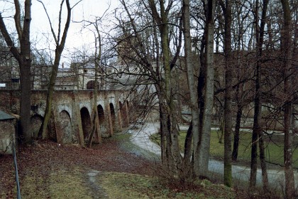 This part of the wall is called Aqueduct at the Red Gate. On the left side, behind the aqueduct, is an amphitheatre where rock and music concerts are held.