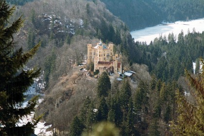 View of Hohenschwangau from Neuschswanstein. The Schwansee behind it is frozen over.