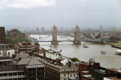 We climb to the top and are rewarded with this excellent view of the Tower Bridge a short distance downstream (East).