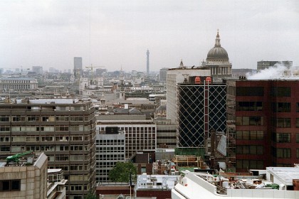 We swing the camera around to the west (upstream) and we can see the domed roof of St Paul's Cathedral with the Telecom Tower in the distance