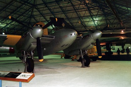 De Haviland Mosquito, airframe mostly constructed of wood. The Mosquito FB Mk 40 two seat fighter-bomber version for the RAAF was powered by two 1,460 hp  Rolls-Royce Merlin 31 piston engines. A total of 178 were built in Australia during WWII.