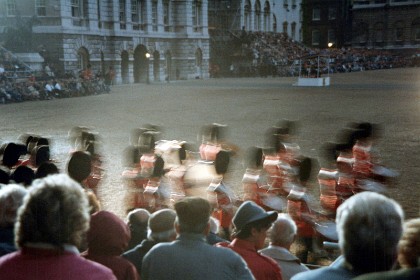 We're in time to see another spectacle, Beating Retreat by the massed bands of HM Foot and Horse Guards. Beating Retreat is a military ceremony dating to 17th-century England and was first used to recall nearby patrolling units to their castle.