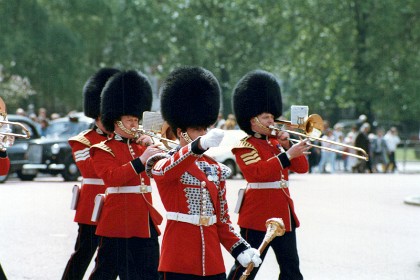 Followed by the Scots Guards. In my life, I have been to London on three separate occasions and on each of those occasions I've watched the ceremony at Buckingham Palace.  I have to say that No One but No One does pomp and ceremony like the British.  Bloody hell but they're good.