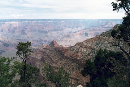 Moran Point is due south of Cape Royal on the North Rim - just 8 miles away in a straight line but 215 miles by road. The promontory is reached by a short spur road and was named after the landscape painter Thomas Moran who came here for the first time in 1873 and helped popularize the canyon, leading eventually to its incorporation as a national monument in 1908 (and a national park in 1919).