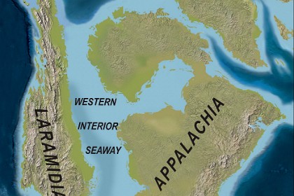 The Western Interior Seaway was a large inland sea that existed from the early Late Cretaceous (100.5–66 Ma) to earliest Paleocene, splitting the continent of North America into two landmasses, Laramidia to the west and Appalachia to the east. The ancient sea stretched from the Gulf of Mexico and through the middle of the modern-day countries of the United States and Canada, meeting with the Arctic Ocean to the north. At its largest, it was 2,500 feet  deep, 600 miles wide and over 2,000 miles long.