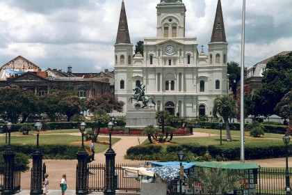 Around to the right from the previous picture is Jackson Square; It features a horse mounted Andrew Jackson (the 7th President) cast in bronze.  Jackson Square is a historic park in the French Quarter of New Orleans, Louisiana. It was declared a National Historic Landmark in 1960, for its central role in the city's history, and as the site where in 1803 Louisiana was made United States territory after the Louisiana Purchase.