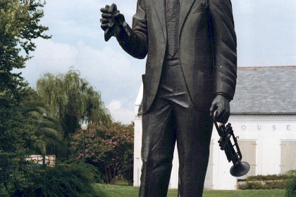 This statue of Louis Satchmo Armstrong is in Louis Armstrong Park. He was born 4 August 1901, in New Orleans, Louisiana.