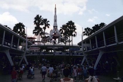 Starjets in Tomorrow Land with a people mover below it. The ride lasts 1½ minutes after maybe a 30 minute wait. This is the nature of most rides in Disney theme parks.