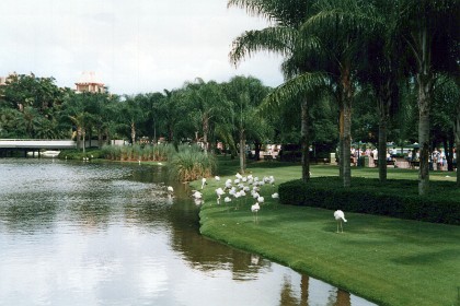 Lagoon ferry ride with Mexico exhibit in the background. Flamingos lakeside, beautiful gardens, immaculately kept.