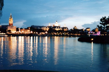 Dusk looking across the lake at the World Showcase exhibits