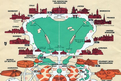 Map of the Epcot Centre in 1988. The Magic Kingdom is situated next door and is not a part of this facility