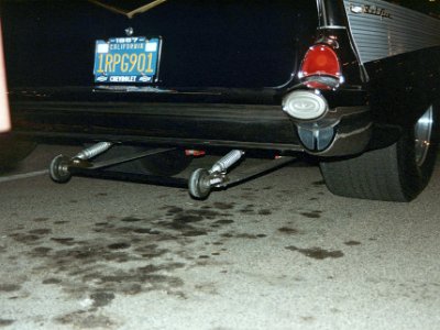 Note the width of the rear tyres and the auxiliary wheels. This '57 Bel Air has a blown 460 C.I. motor and can lift its front wheels.