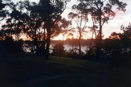 The sun rises over a fog in the valley behind our house.