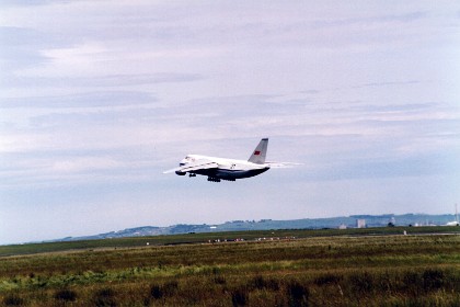 The An-124 is the world's 2nd heaviest gross weight production cargo airplane and heaviest operating cargo aircraft, behind the destroyed one-off Antonov An-225 Mriya (a greatly enlarged design based on the An-124) and the Boeing 747-8.