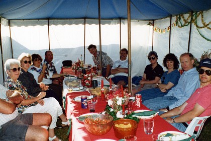 It's interesting to see who we're still frinds with and there are quite a few. Phil Emery on the right decided after fathering a child was actually a woman. At the back of the table are John and Mary, and Grant. We're still very close.