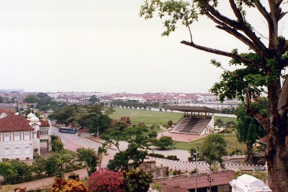 We climb to the top of the fortress hill and get this view of modern Malacca.