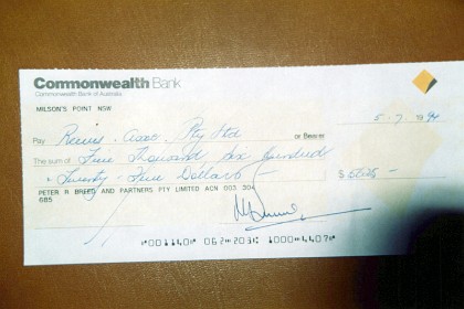 5 July, 1994 &nbsp;  After three months off, between jobs, when I earn my first pay cheque as an independent contractor for Reeves Associates P/L: $5625.