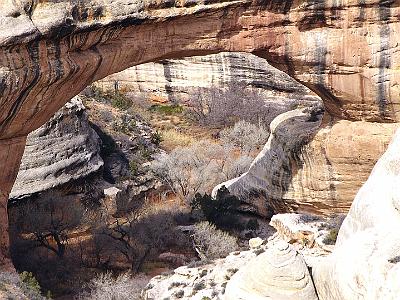 Saturday  2007-03-10  Natural Bridges National Monument, Utah  This is the Sipapu Bridge. It is in middle age where stream action no longer cuts the bridge. The three bridges in the park are at different stages of their "life" cycle.