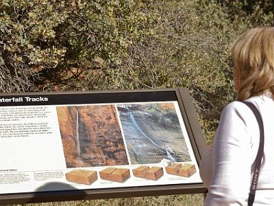 A graphic explains "Waterfalls in Zion plunge 1000 ft or more, mostly ephemeral, leave their tracks, desert minerals leave black streaks" and "the Virgin River's main stream cut faster than tributaries leaving hanging valleys; waterfalls are from the river's former levels".