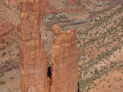 According to traditional Navajo beliefs, the taller of the two spires is the home of spider woman.