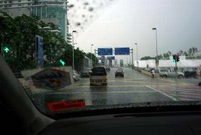 WEDNESDAY 22 OCTOBER 2008 - LAST DAY   The rest of the day we spent packing our bags and preparing for the trip home. At 6:00pm Steven was waiting downstairs to drive us to KL LCCT. It was of course, raining heavily as this picture taken at the base of the le Meridien shows.