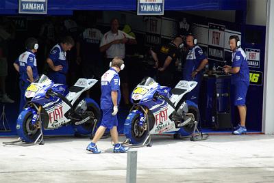 SATURDAY 18 OCTOBER 2008   We sat ourselves directly opposite Valentino Rossi's garage and waited for MotoGP qualifying to begin.  The dry-setup bike is on the left (carbon disks) and the wet-setup bike is on the right (steel disks).