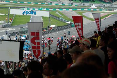 SUNDAY 19 OCTOBER 2008 - RACE DAY  The bikes assemble on the starting grid at the end of their sighting lap. They now have 15 minutes to wait in 42° heat before race time.