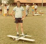 1982 Grovalier   Grovalier  is a combination of the words groveller (inside joke) and cavalier. The Plane has a foam wing, is powered by an ST46 and weighs 51 oz. A young Brian Eather and Grant Wylie stand in the background at the 1983/84 Nationals in Sydney.