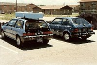 1988 Travelling to the US Nationals from San Diego to Virginia Beach  We were joined once again by Brian and Val Eather. The boys drive in the old Civic and the ladies have the new one. Brian's plane can be seen in the back of Jenni's car and Bob Whitely's  LA Heat  is transported on the top. My plane is underneath Brian's plane as we need room to take Cheryl Eather with us in the old car.