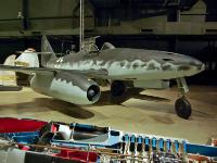 Of the more than 1,400 Me 262s produced, fewer than 300 saw combat. Most Me 262s did not make it to operational units because of the destruction of Germany's surface transportation system.  The Me 262A on display was brought to the U.S. from Germany in July 1945 for flight evaluation.  It was restored in 1976-1979. : 2009-11-04 USA Air Force Museum