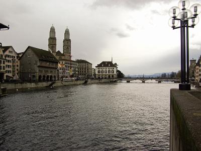 Looking up the Limmat river to Lake Zurich and the Alps beyond that.