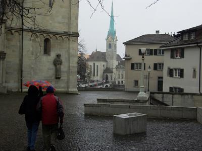 Approaching the Grossmünster Church with the Fraumünster church in the background