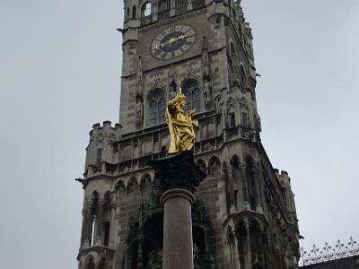 Sunday 2009-03-29&nbsp;&nbsp;&nbsp;     Munich City Centre   The Mariensäule is topped by a golden statue of the Virgin Mary standing on a crescent moon as the Queen of Heaven.  It was erected in 1638 to celebrate the end of Swedish occupation during the Thirty Years War.