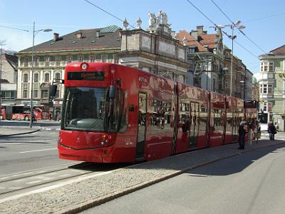 Wednesday 2009-04-01 &nbsp;&nbsp;&nbsp;   Innsbruck Austria   Superb public transport is available. The Triumphal Arch is behind the tram.