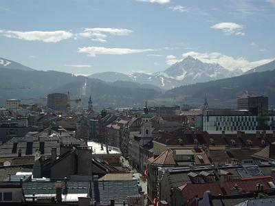 Wednesday 2009-04-01  &nbsp;&nbsp;&nbsp; City Tower Innsbruck Austria   The Bergisel ski jump in the distance was built of concrete for the 1964 and 1976 Winter Olympics.  A new ramp was opened in 2003 as the old one no longer conformed to contemporary requirements.