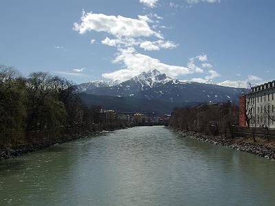 Wednesday 2009-04-01&nbsp;&nbsp;&nbsp;   The Inn River Innsbruck   We cross the bridge at the northern side of the Hofgarten to  the NW side of the city. This view of the Inn River looks to the SW.