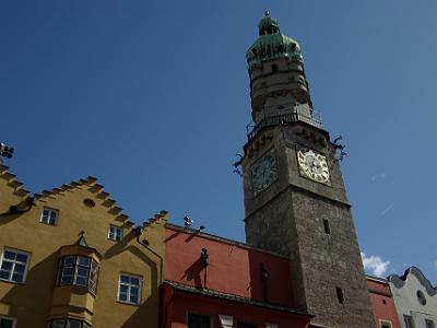 Wednesday 2009-04-01  &nbsp;&nbsp;&nbsp;  City Tower Innsbruck Austria   The City Tower was built between 1442 and 1450 and has a 16th century bulbous cupola. In former times the tower housed a prison cell. We climb the 148 steps to the viewing platform and get some magnificent views of the city.